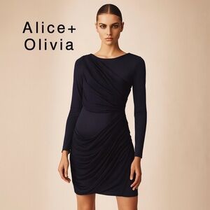 Alice + Olivia Navy Long Sleeve Silk Ruched Dress Size Small